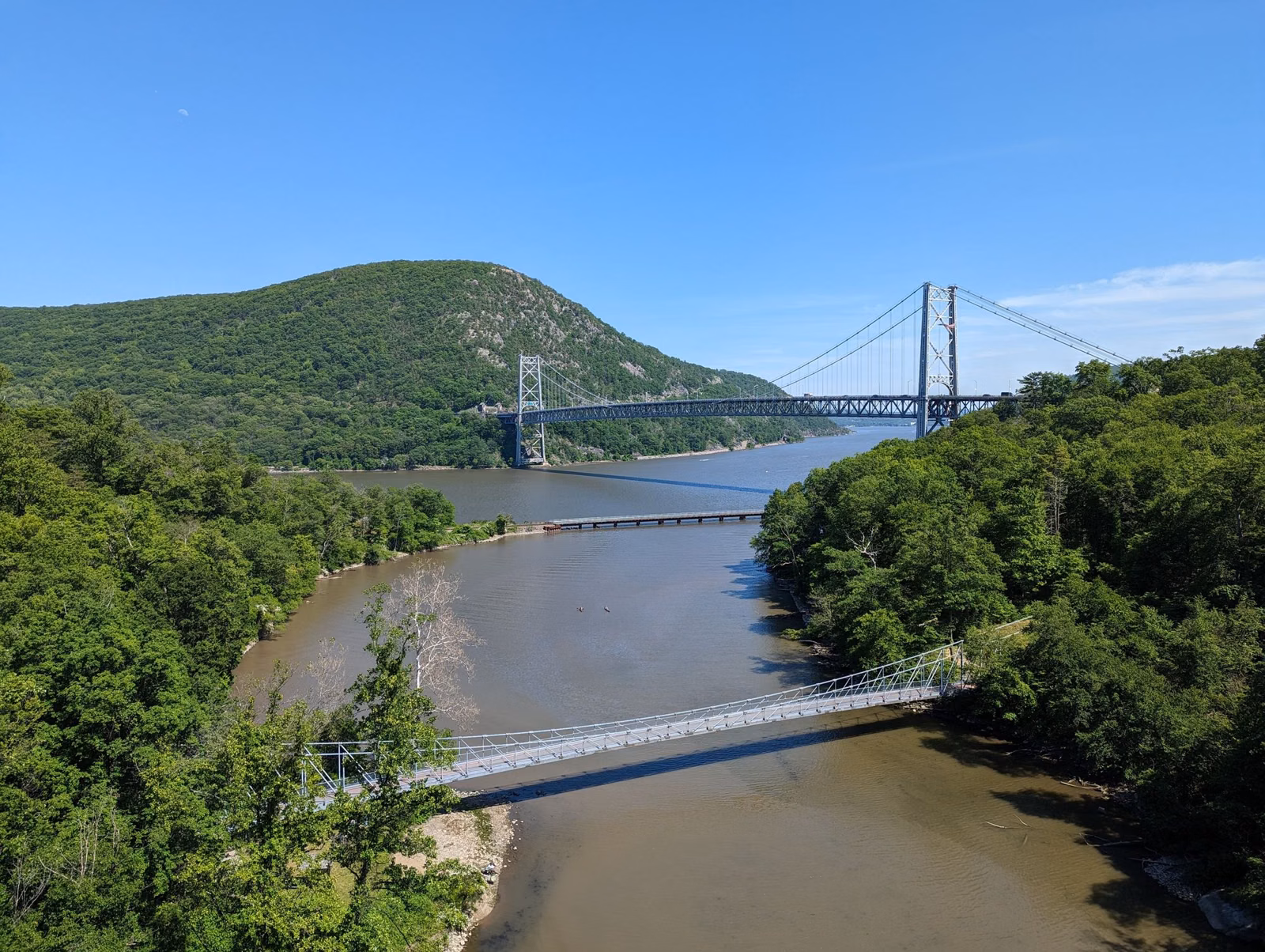 Bear Mountain Bridge over the Hudson with Anthony's Nose behind and the mouth of Popolopen Creek in front