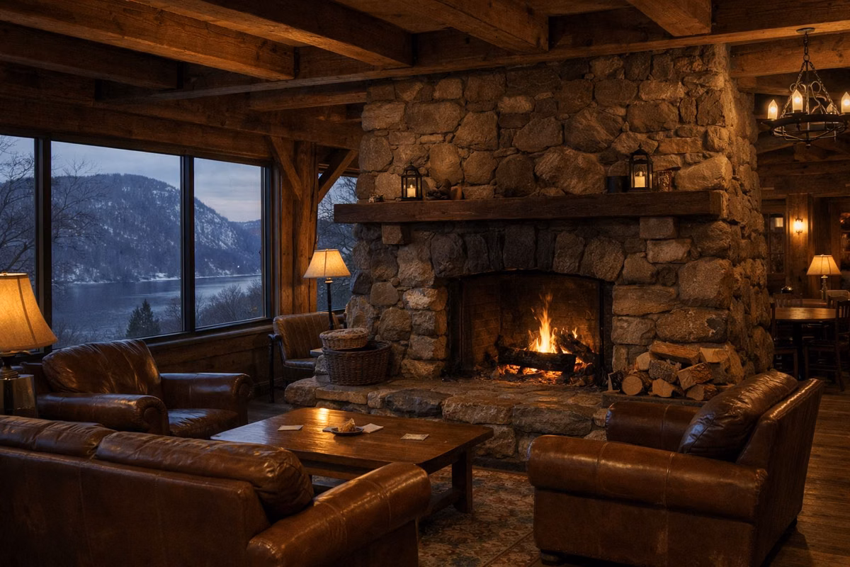 Interior of a rustic lodge lounge with a large fieldstone fireplace, timber beams and leather armchairs, warm light, no people