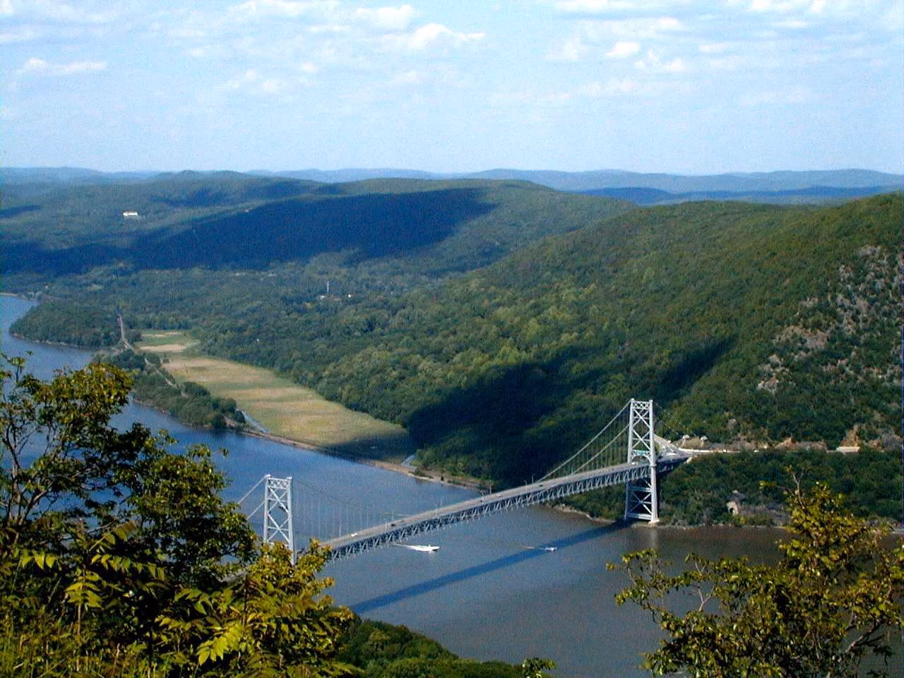 The Bear Mountain Bridge and Hudson River seen from the top of Bear Mountain