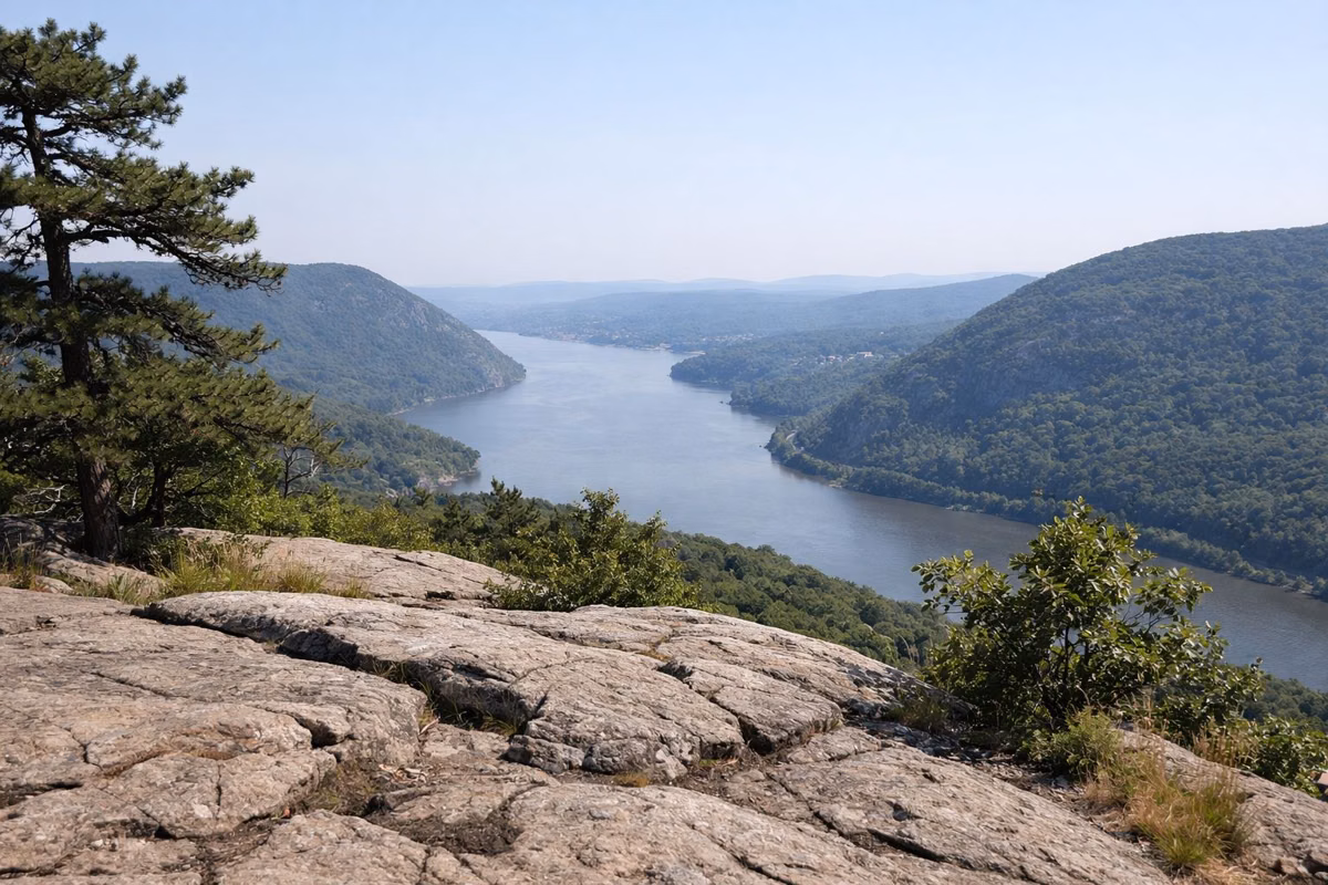 An open rocky summit ledge with scrub oak and pitch pine overlooking a broad river valley and distant hills