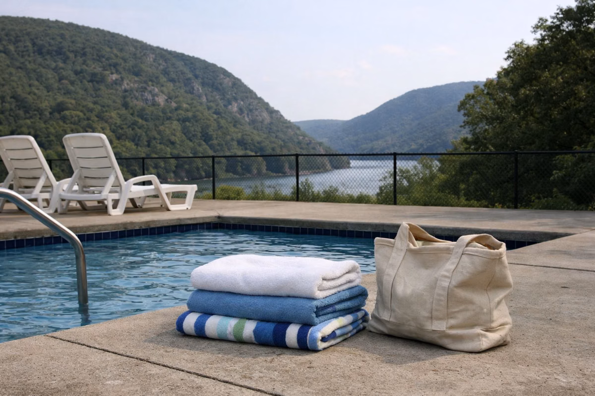Folded towels and a canvas bag on a concrete pool deck beside plastic lounge chairs, blue pool water edge, no people