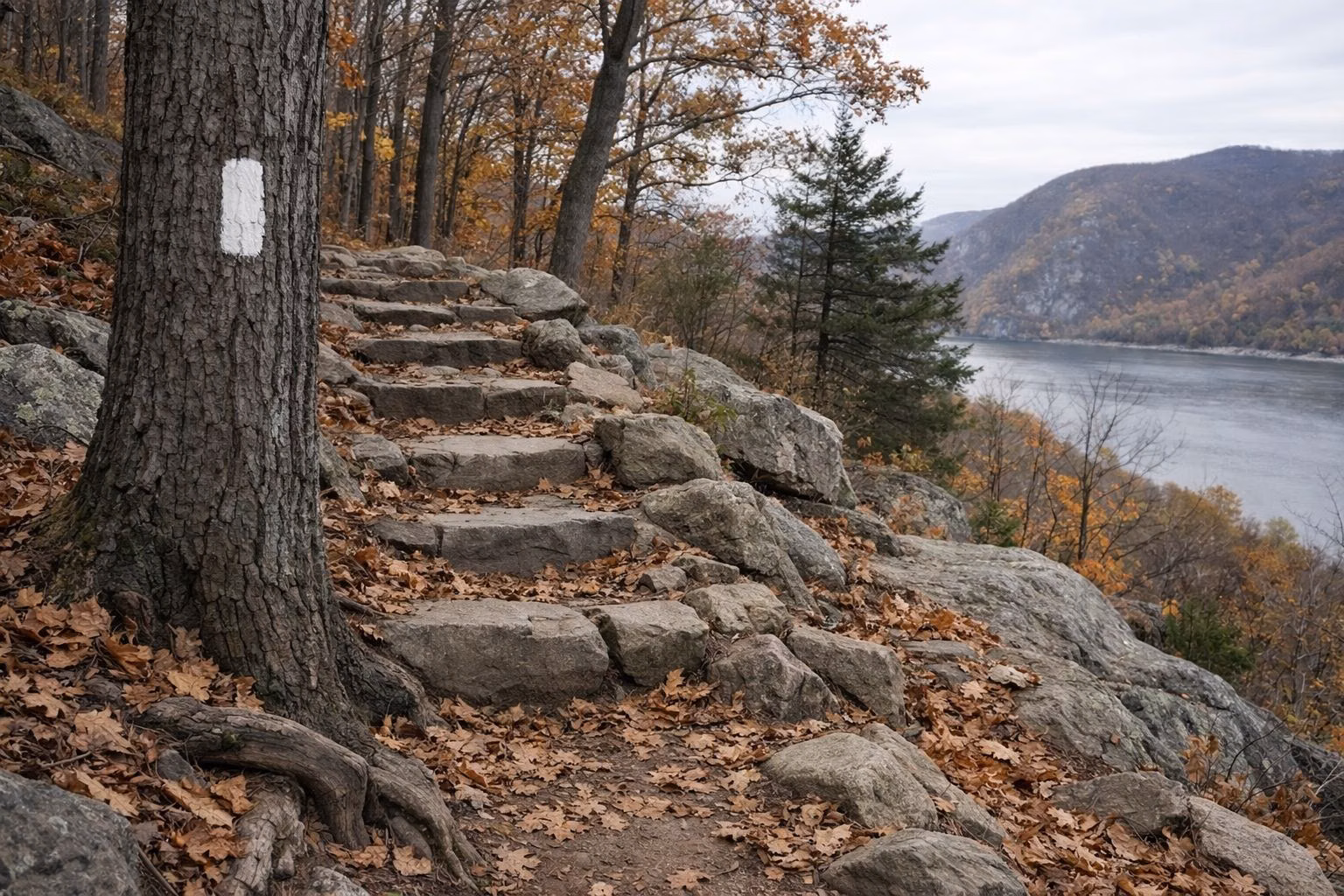 A rocky hiking trail climbing stone steps through oak forest with fallen leaves, a white rectangular paint blaze on a tree trunk