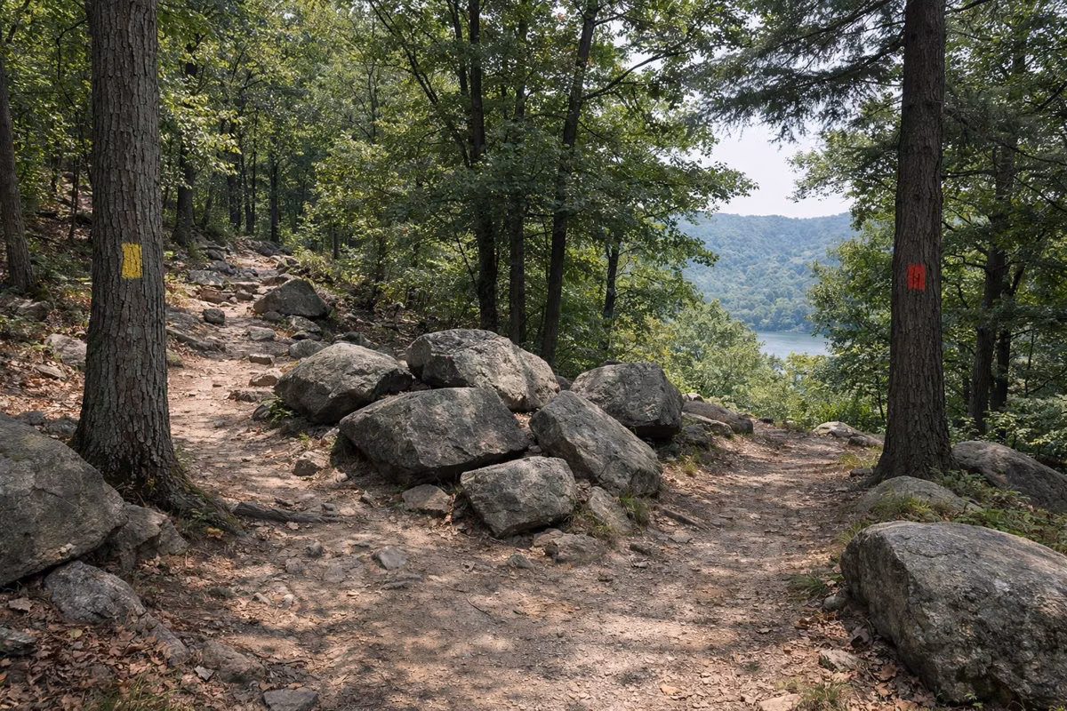 A forest trail junction with two paths diverging among oaks and boulders, small colored paint blazes on trees, no signs with text