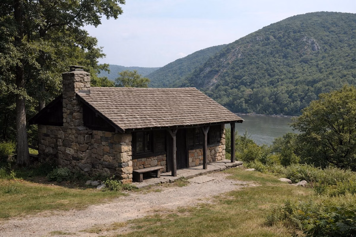 A small rustic one-story building of fieldstone and dark timber with a shingled roof among trees, no signs, no text