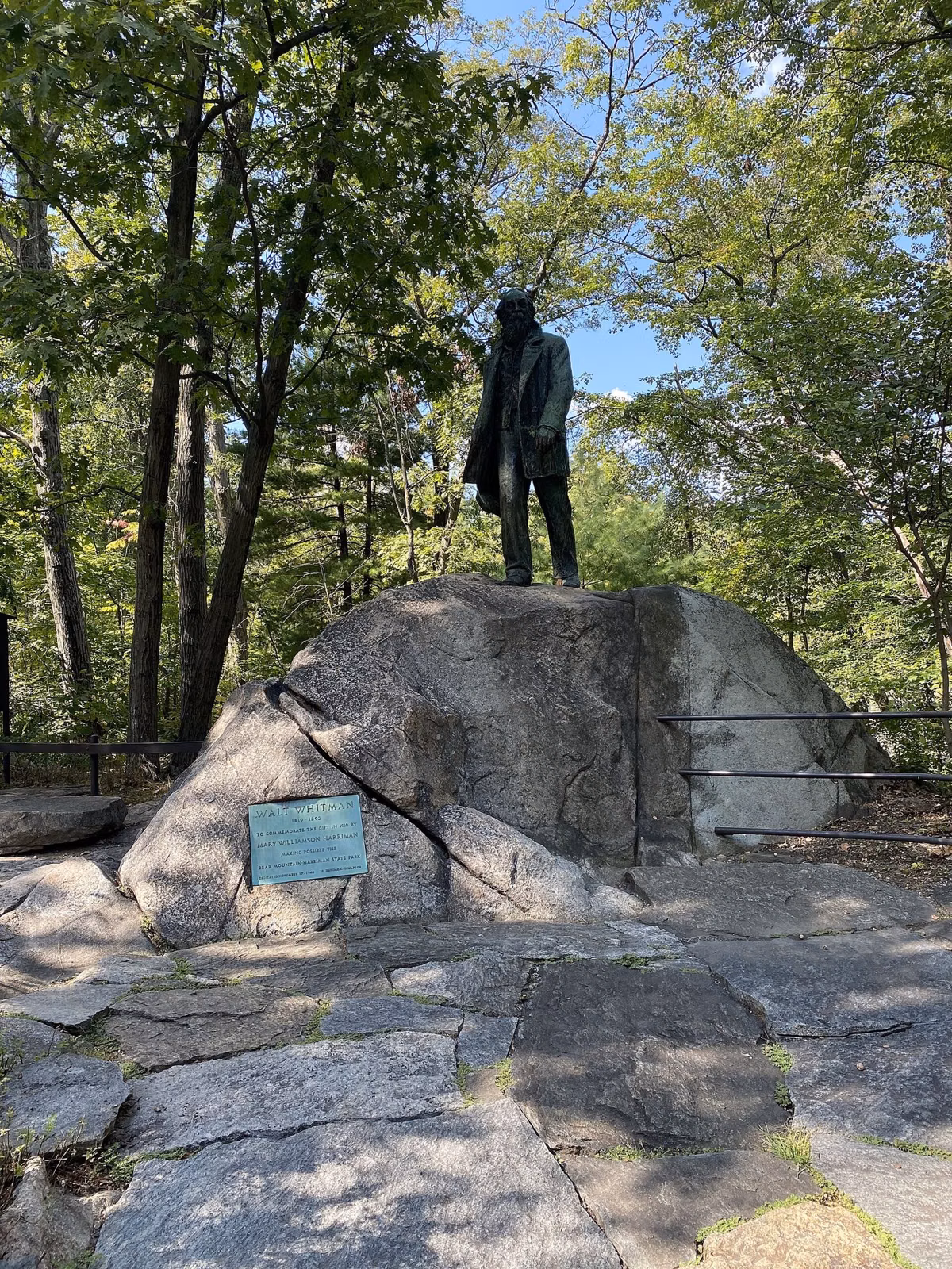 Statue of Walt Whitman on a rock at Trailside Museums and Zoo